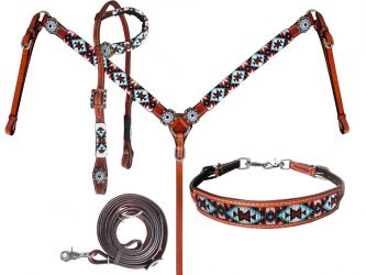 Showman Beaded Southwest Design 4 Piece Set - black, white, red and teal